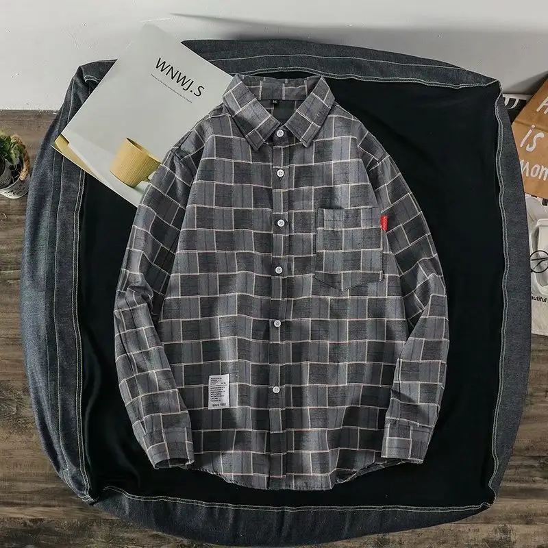 Men's Plaid Long Sleeve Shirt Black White - Image 4
