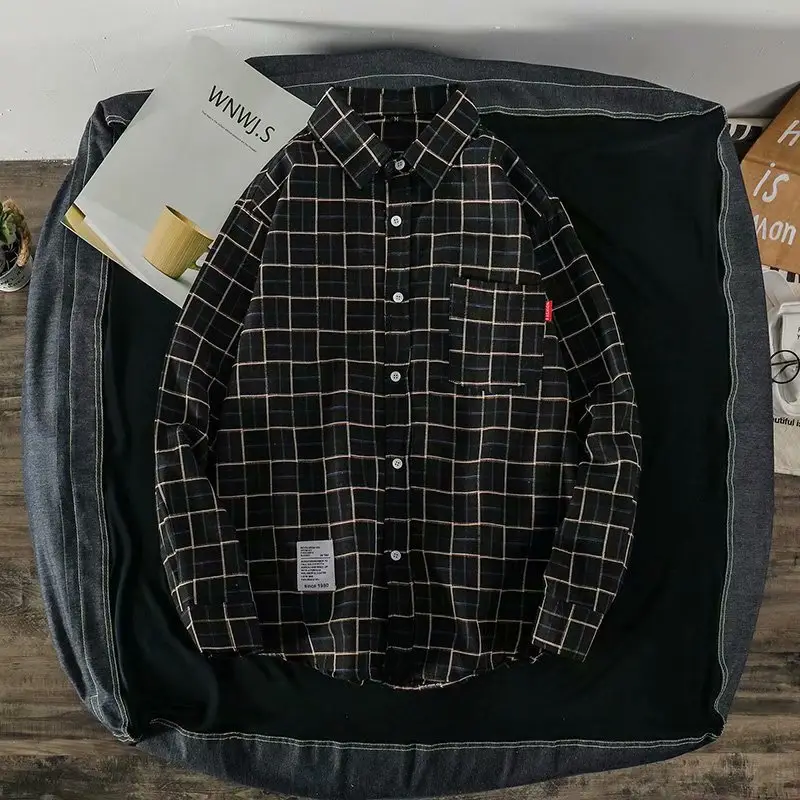 Men's Plaid Long Sleeve Shirt Black White - Image 5