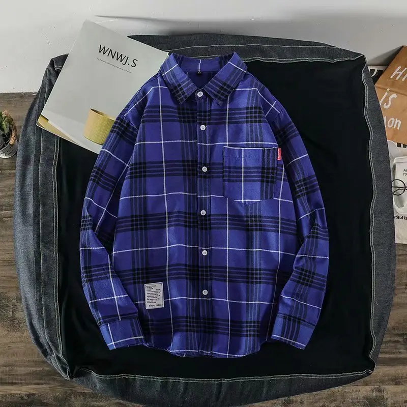 Men's Plaid Long Sleeve Shirt Black White - Image 6