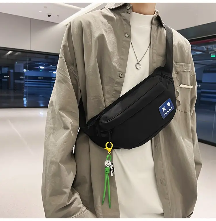Men's Black Japanese Fashion Chest Bag with Tassel — feature 37