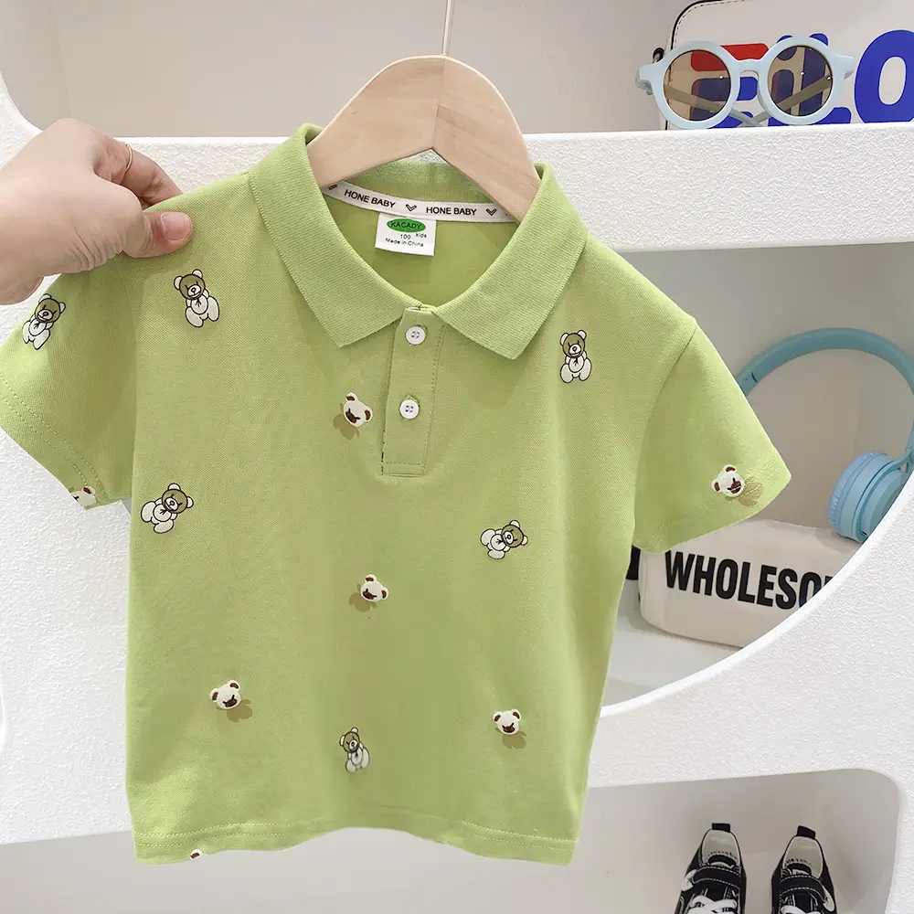 Boys Cartoon Polo Shirt 2023 Summer Light Green White - Image 6