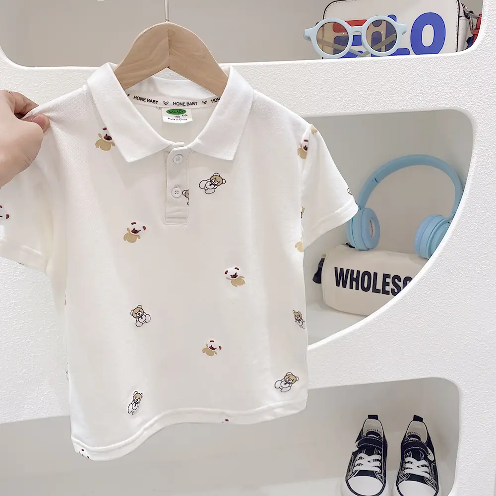 Boys Cartoon Polo Shirt 2023 Summer Light Green White - Image 7