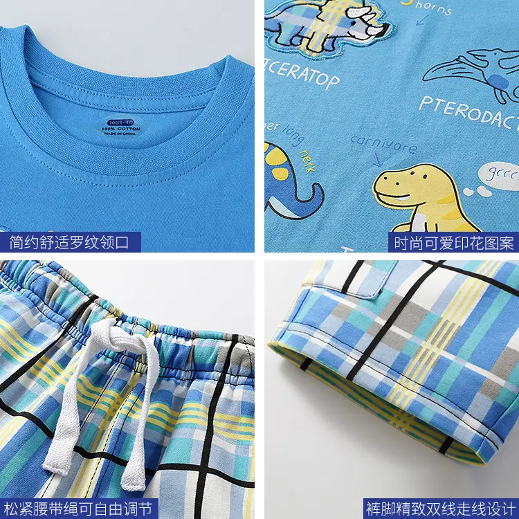 Boys Dinosaur Print Cotton T-Shirt & Shorts Set Blue - Image 4