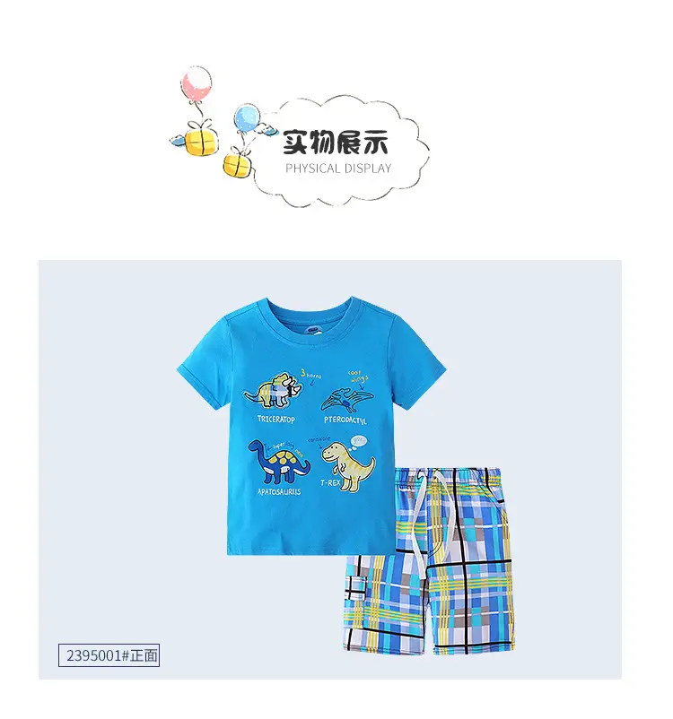 Boys Dinosaur Print Cotton T-Shirt & Shorts Set Blue — feature 8