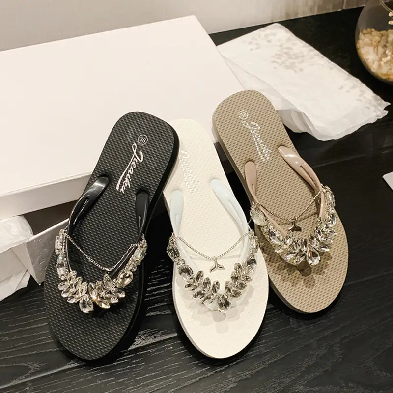 2023 Glass Rhinestone Flip Flops Korean Style Small