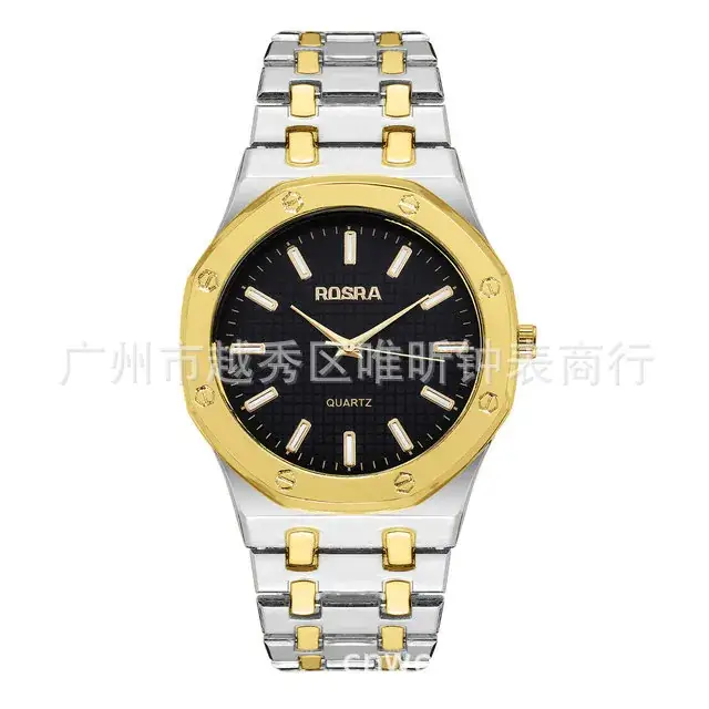 ROSRA Men's Black Gold Quartz Watch Round Dial