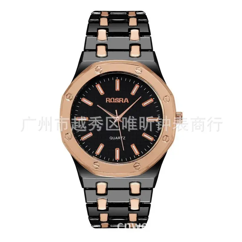 ROSRA Men's Black Gold Quartz Watch Round Dial