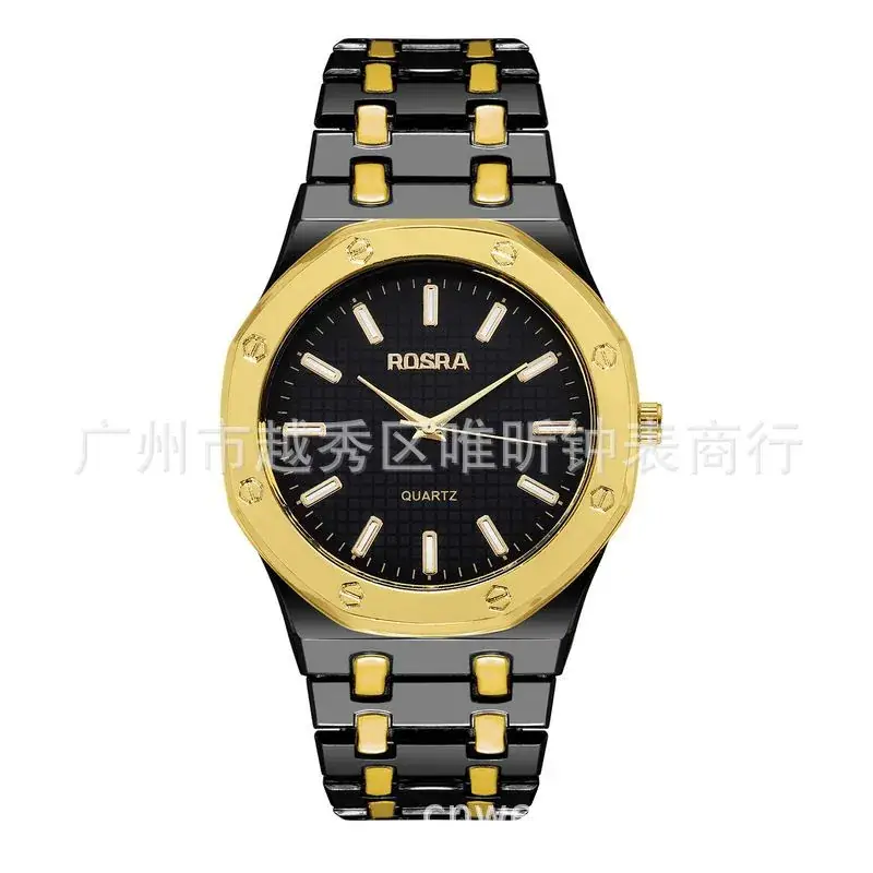 ROSRA Men's Black Gold Quartz Watch Round Dial