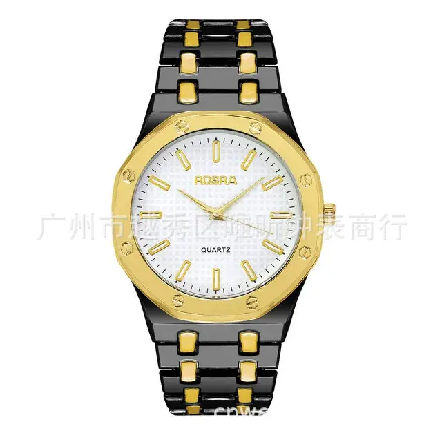 ROSRA Men's Black Gold Quartz Watch Round Dial