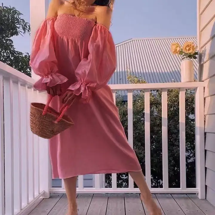 Pink Bubble Sleeve Dress for Women Spring Summer 2023 - Image 6