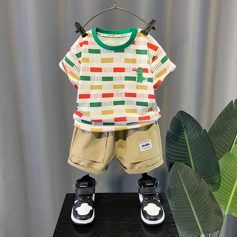 2023 Summer Baby Boys Colorful Square T-Shirt Shorts Set - Image 2