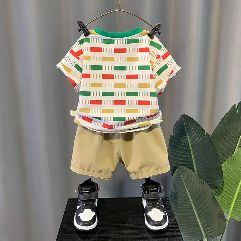 2023 Summer Baby Boys Colorful Square T-Shirt Shorts Set - Image 3