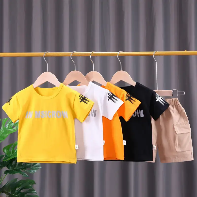 Children Cotton T-Shirt Shorts Set White Brown Summer - Image 5