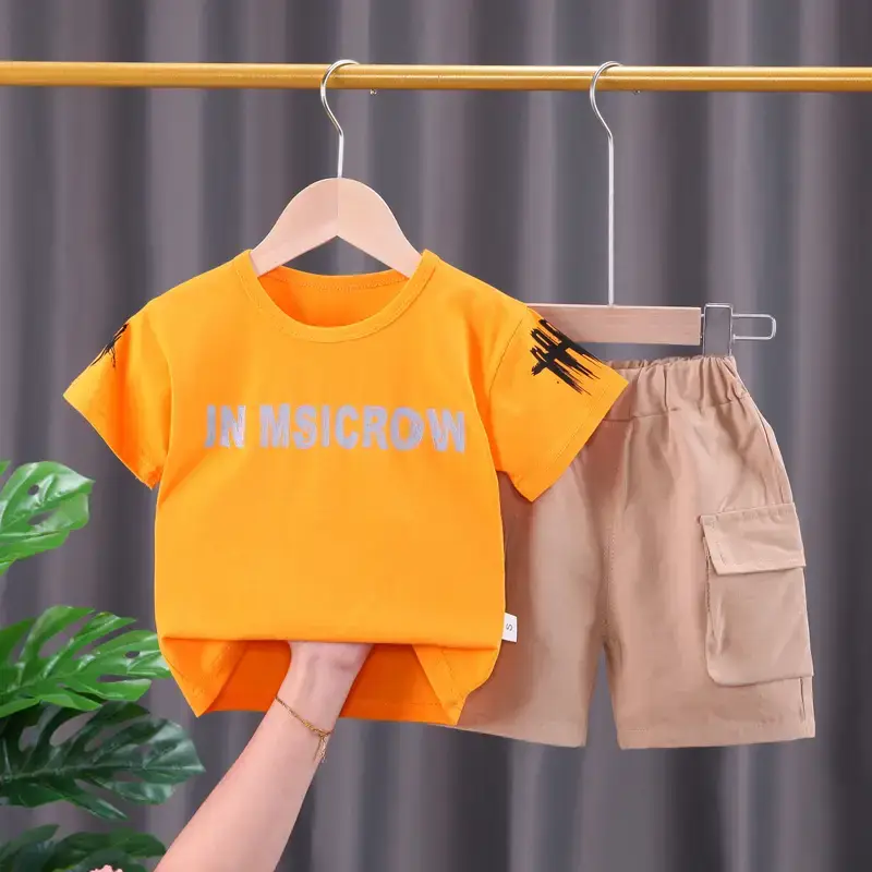 Children Cotton T-Shirt Shorts Set White Brown Summer - Image 3