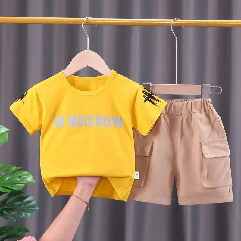 Children Cotton T-Shirt Shorts Set White Brown Summer - Image 4