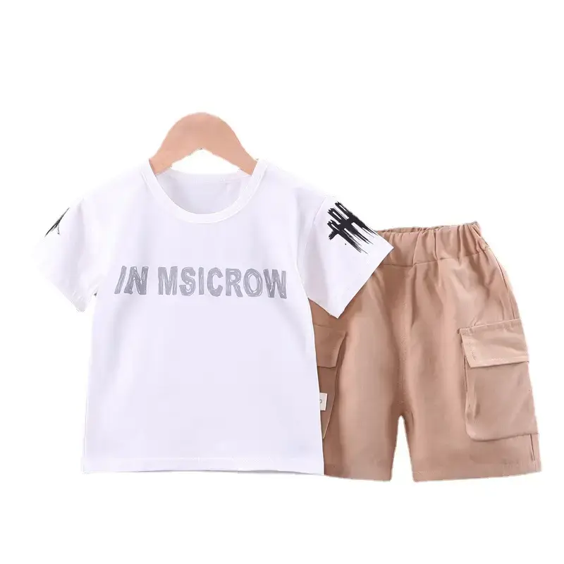 Children Cotton T-Shirt Shorts Set White Brown Summer - Image 6