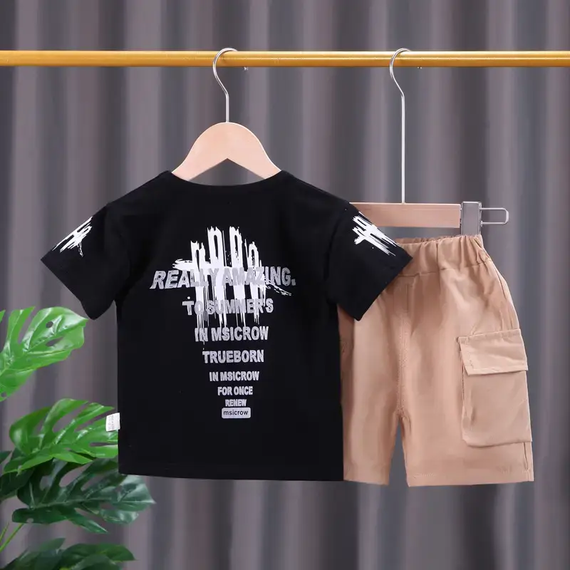 Children Cotton T-Shirt Shorts Set White Brown Summer — feature 7
