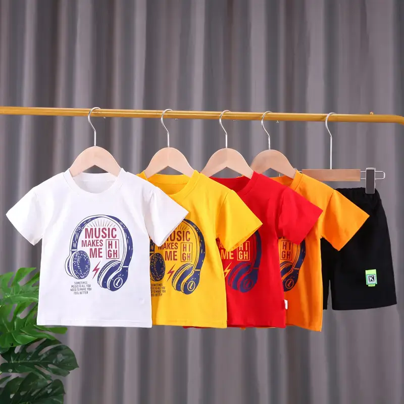Children Cotton T-Shirt Shorts Set Yellow Black Summer - Image 5