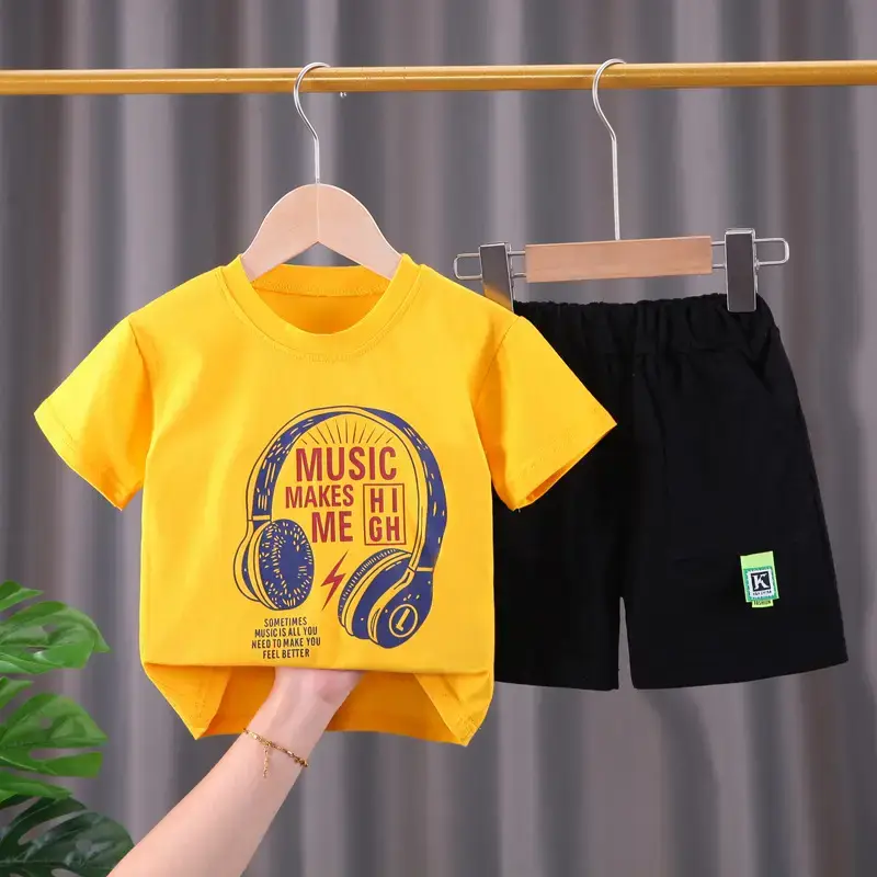 Children Cotton T-Shirt Shorts Set Yellow Black Summer - Image 2