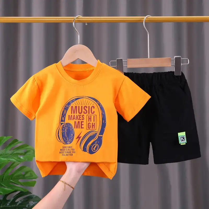 Children Cotton T-Shirt Shorts Set Yellow Black Summer - Image 4