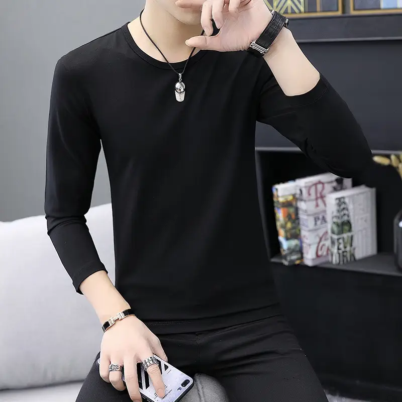 Men Long Sleeve T-Shirt Grey Slim Fit Round Neck - Image 9