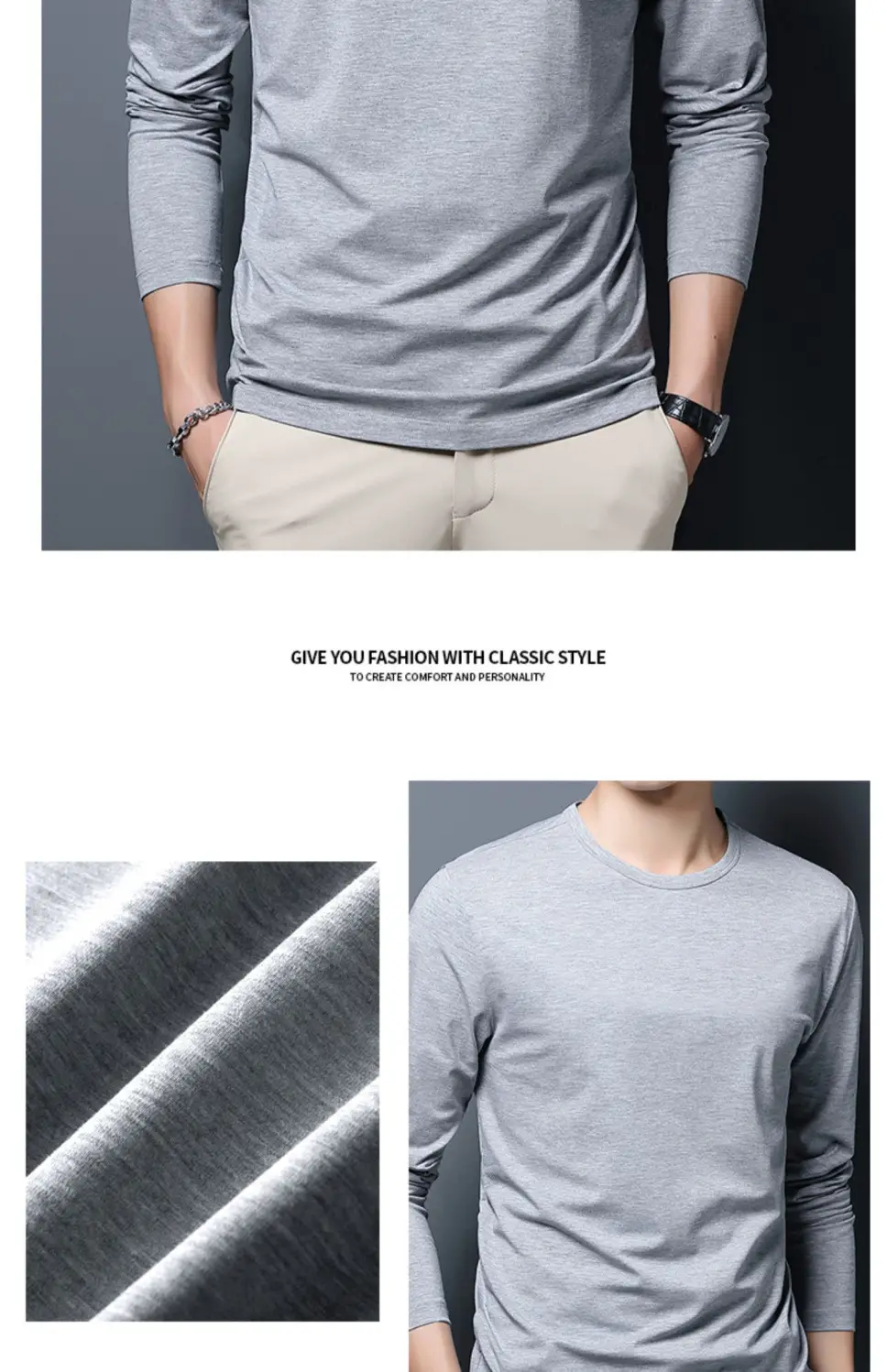 Men Long Sleeve T-Shirt Grey Slim Fit Round Neck — feature 18