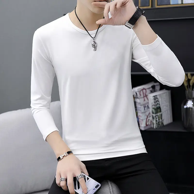 Men Long Sleeve T-Shirt Grey Slim Fit Round Neck - Image 2