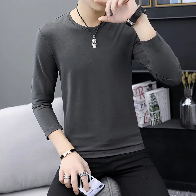 Men Long Sleeve T-Shirt Grey Slim Fit Round Neck - Image 3