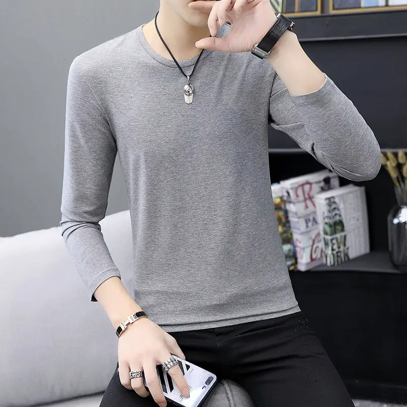 Men Long Sleeve T-Shirt Grey Slim Fit Round Neck - Image 4