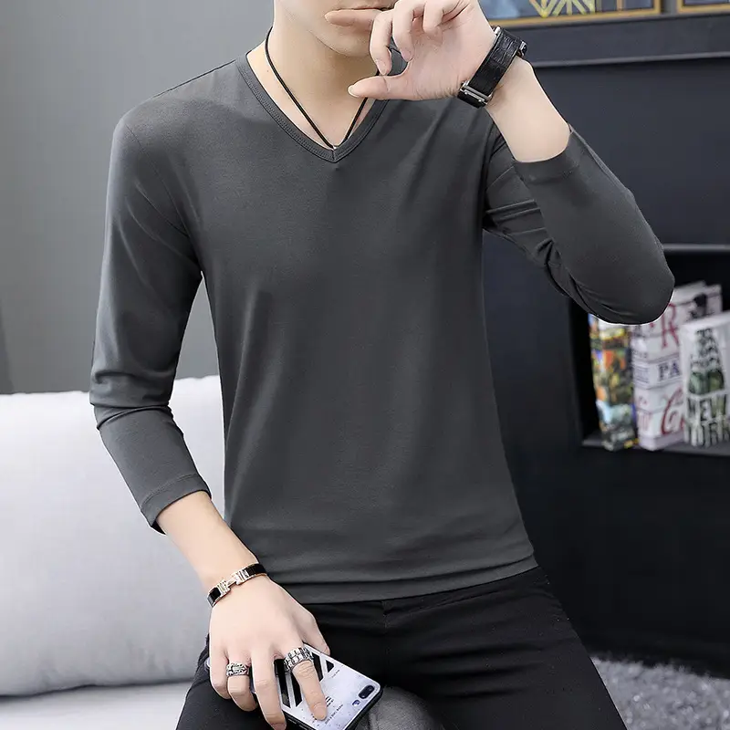 Men Long Sleeve T-Shirt Grey Slim Fit Round Neck - Image 7