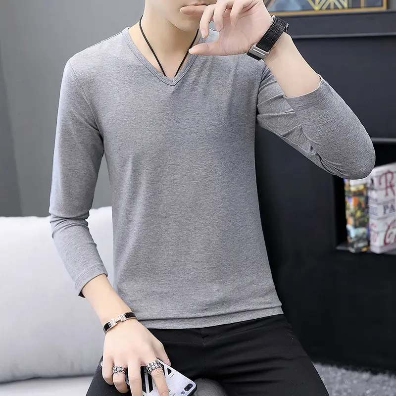 Men Long Sleeve T-Shirt Grey Slim Fit Round Neck - Image 8