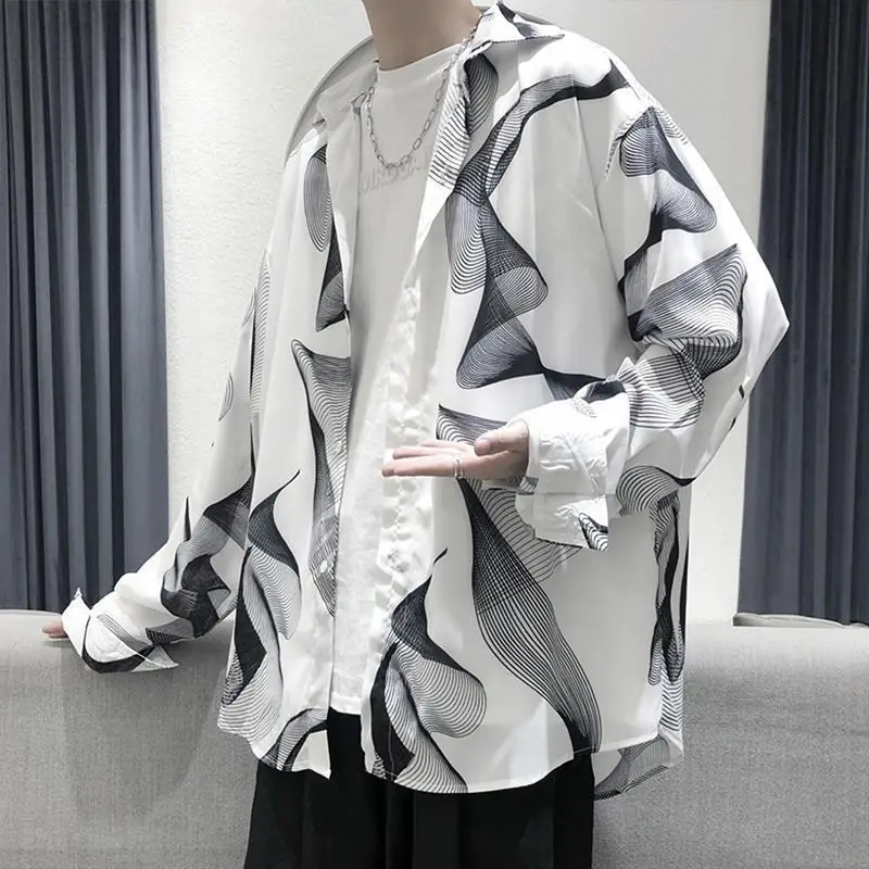 Men's Black Striped Long Sleeve Shirt Korean Style Loose Fit - Image 4