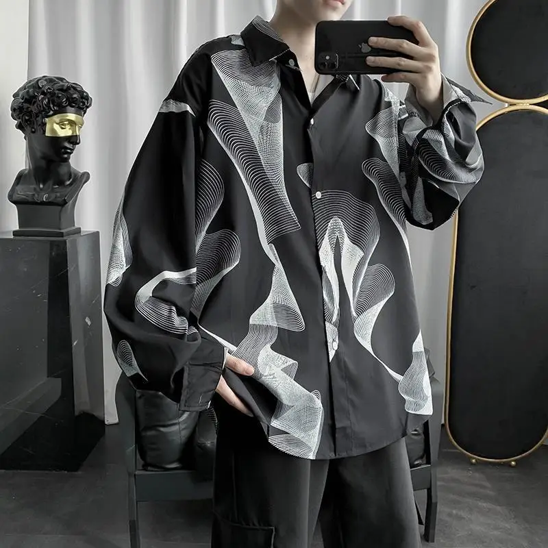 Men's Black Striped Long Sleeve Shirt Korean Style Loose Fit - Image 5