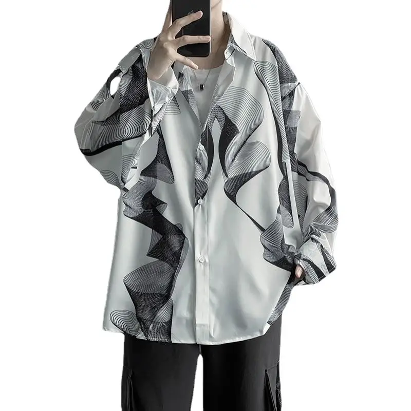Men's Black Striped Long Sleeve Shirt Korean Style Loose Fit - Image 7