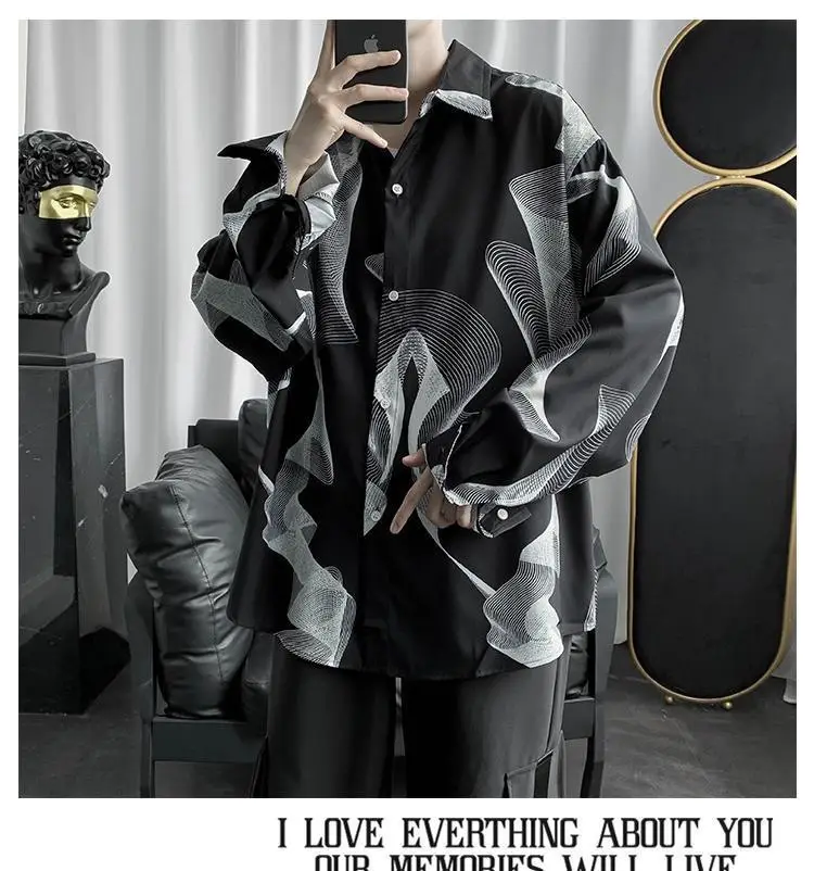 Men's Black Striped Long Sleeve Shirt Korean Style Loose Fit — feature 10