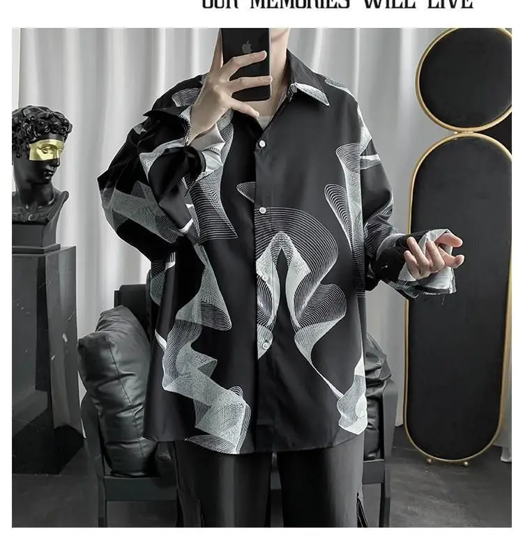 Men's Black Striped Long Sleeve Shirt Korean Style Loose Fit — feature 11