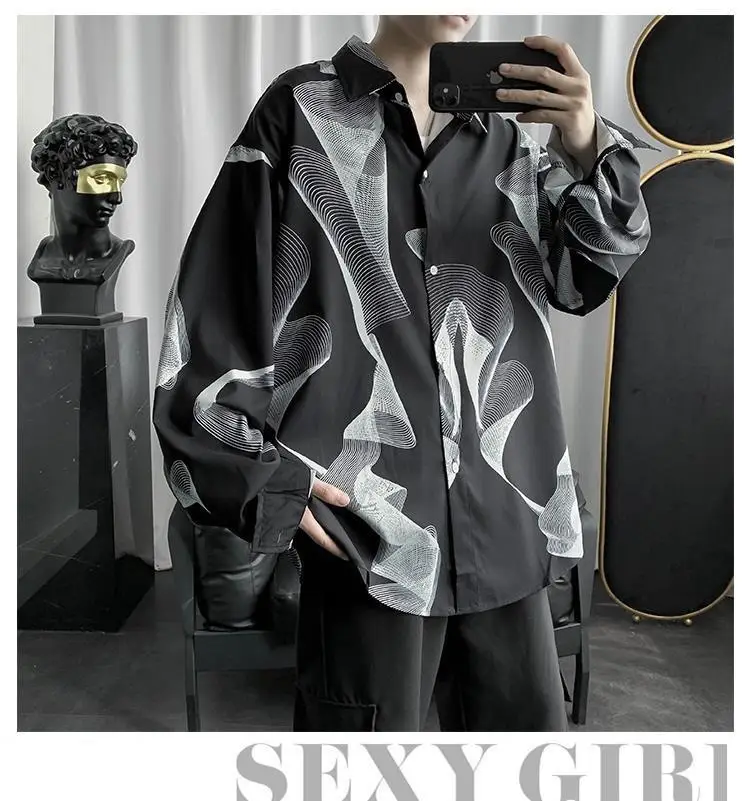 Men's Black Striped Long Sleeve Shirt Korean Style Loose Fit — feature 12