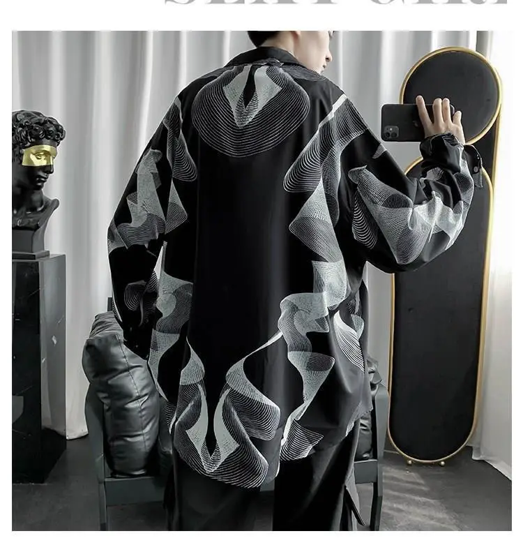 Men's Black Striped Long Sleeve Shirt Korean Style Loose Fit — feature 13