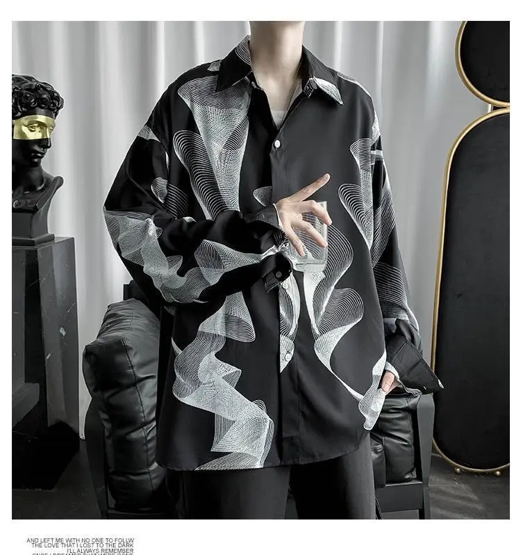 Men's Black Striped Long Sleeve Shirt Korean Style Loose Fit — feature 14