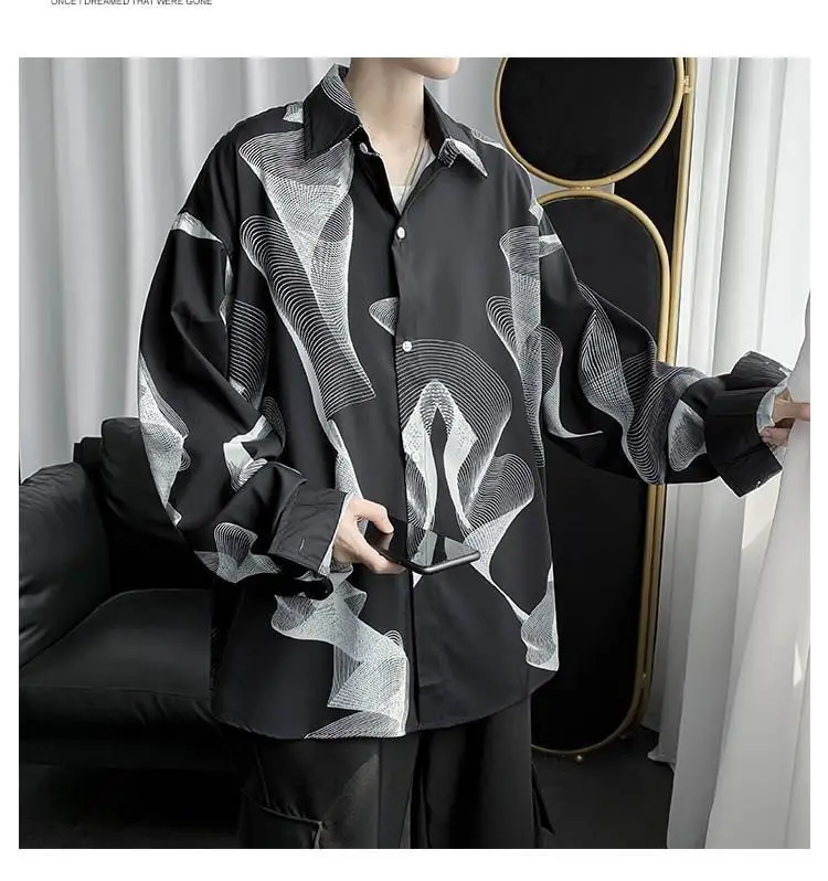 Men's Black Striped Long Sleeve Shirt Korean Style Loose Fit — feature 15