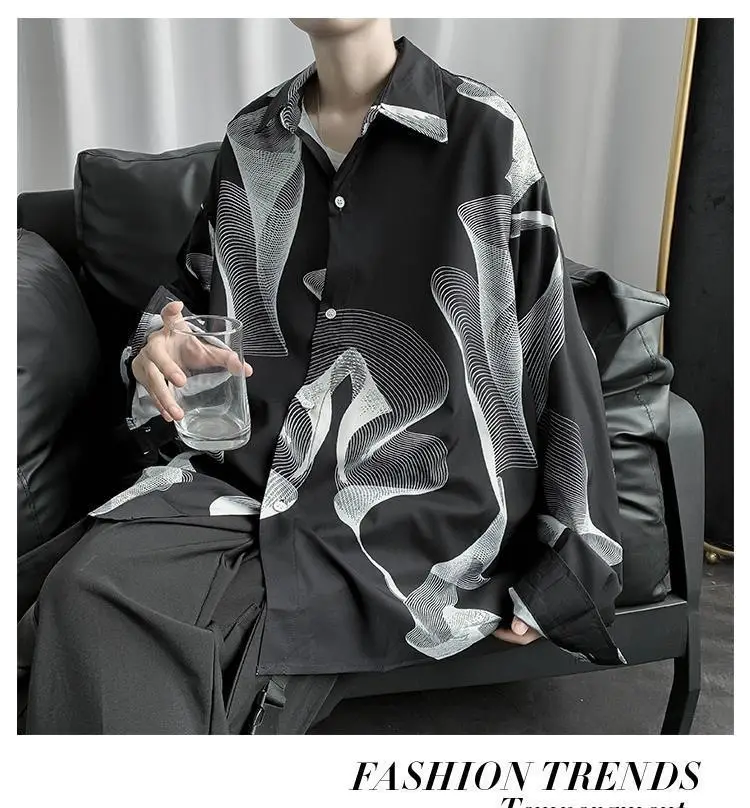 Men's Black Striped Long Sleeve Shirt Korean Style Loose Fit — feature 16