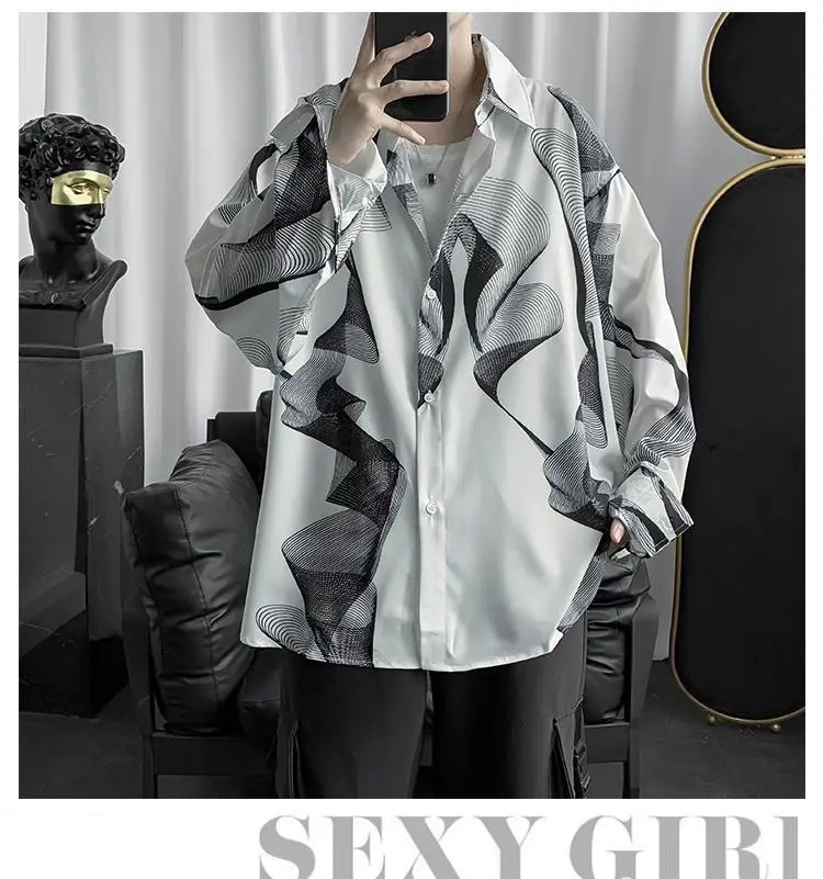 Men's Black Striped Long Sleeve Shirt Korean Style Loose Fit — feature 2