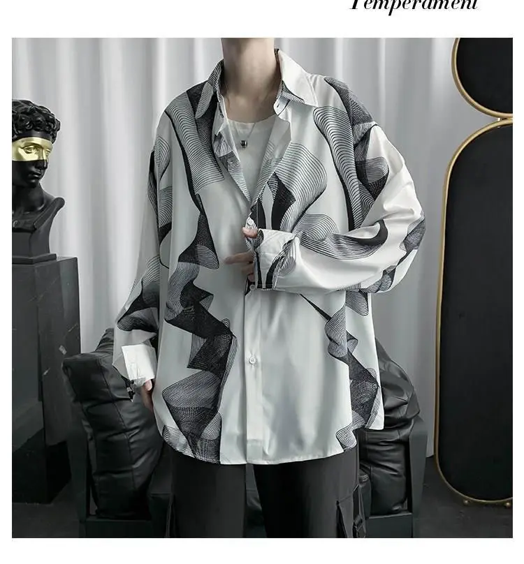 Men's Black Striped Long Sleeve Shirt Korean Style Loose Fit — feature 7