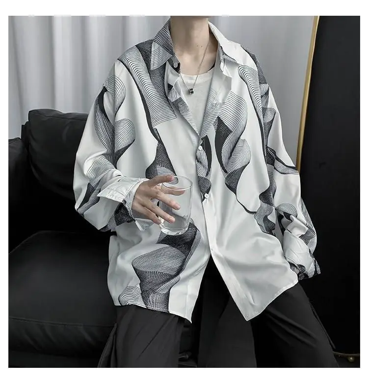 Men's Black Striped Long Sleeve Shirt Korean Style Loose Fit — feature 9