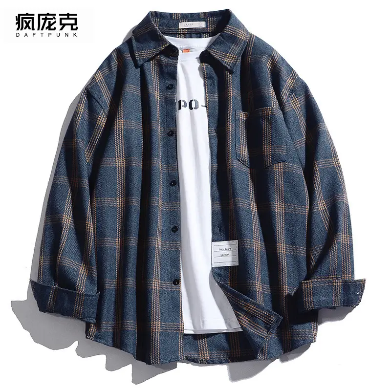 Men's Dark Blue Plaid Long Sleeve Shirt