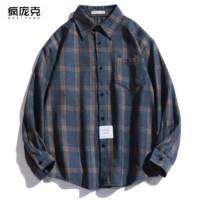 Men's Dark Blue Plaid Long Sleeve Shirt