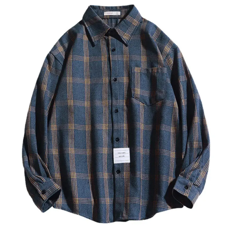 Men's Dark Blue Plaid Long Sleeve Shirt