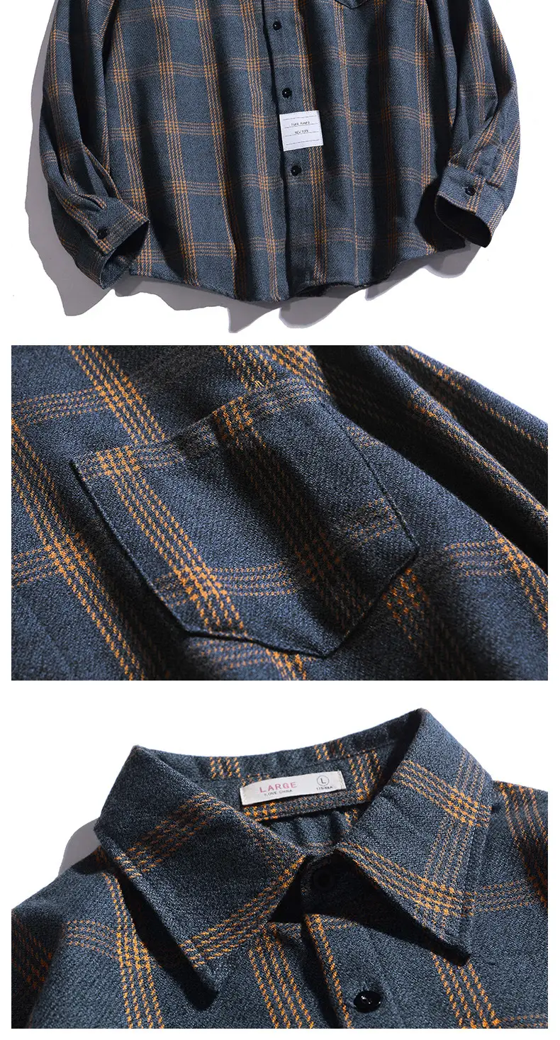 Men's Dark Blue Plaid Long Sleeve Shirt — feature 8