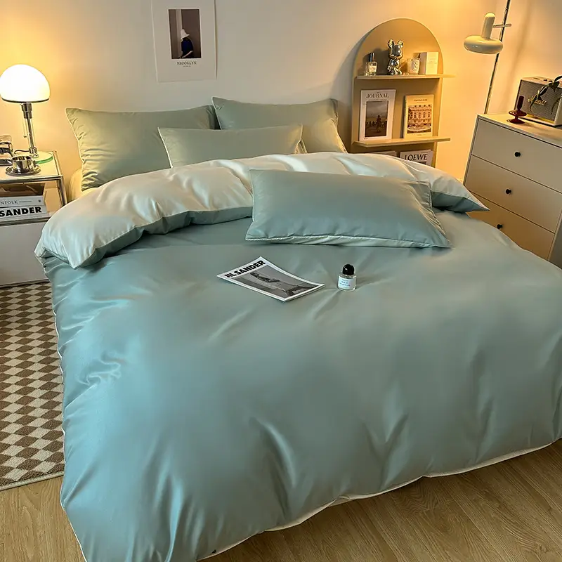 Ice Silk Four-piece Bed Sheet for Student Dormitory Summer Bed Cover Light Luxury Simple Quilt Cover High-grade Bedding 2m Quilt Cover for Hair