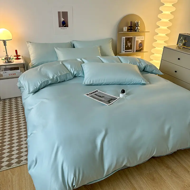 Ice Silk Four-piece Bed Sheet for Student Dormitory Summer Bed Cover Light Luxury Simple Quilt Cover High-grade Bedding 2m Quilt Cover for Hair